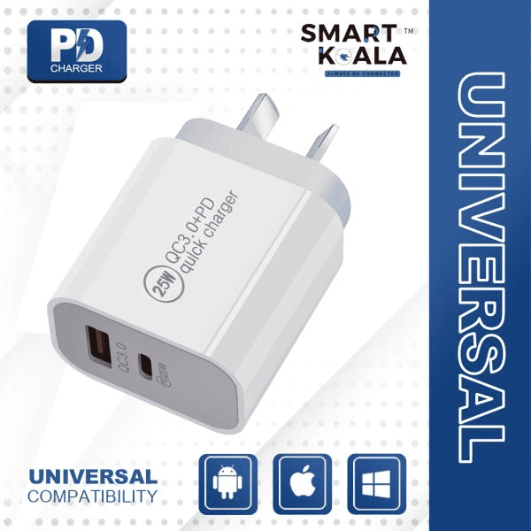 Smart Koala 25W PD Type C + USB A QC3.0 SAA Certified Super Fast Charging Dual Charger Wall Plug Power Adapter For Apple, Samsung, Google, Oppo Smart Koala 25W PD Type C + USB A QC3.0 SAA Certified Super Fast Charging Dual Charger Wall Plug Power Adapter For Apple, Samsung, Google, Oppo
